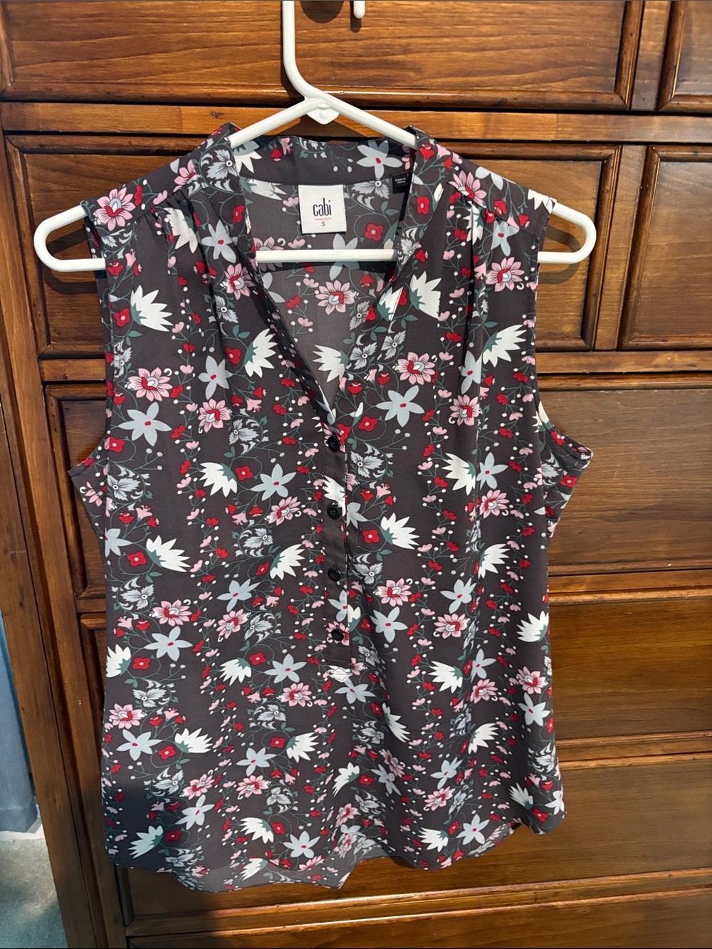 CAbi Sleeveless Floral V-Neck Blouse in Black, Pink and Red